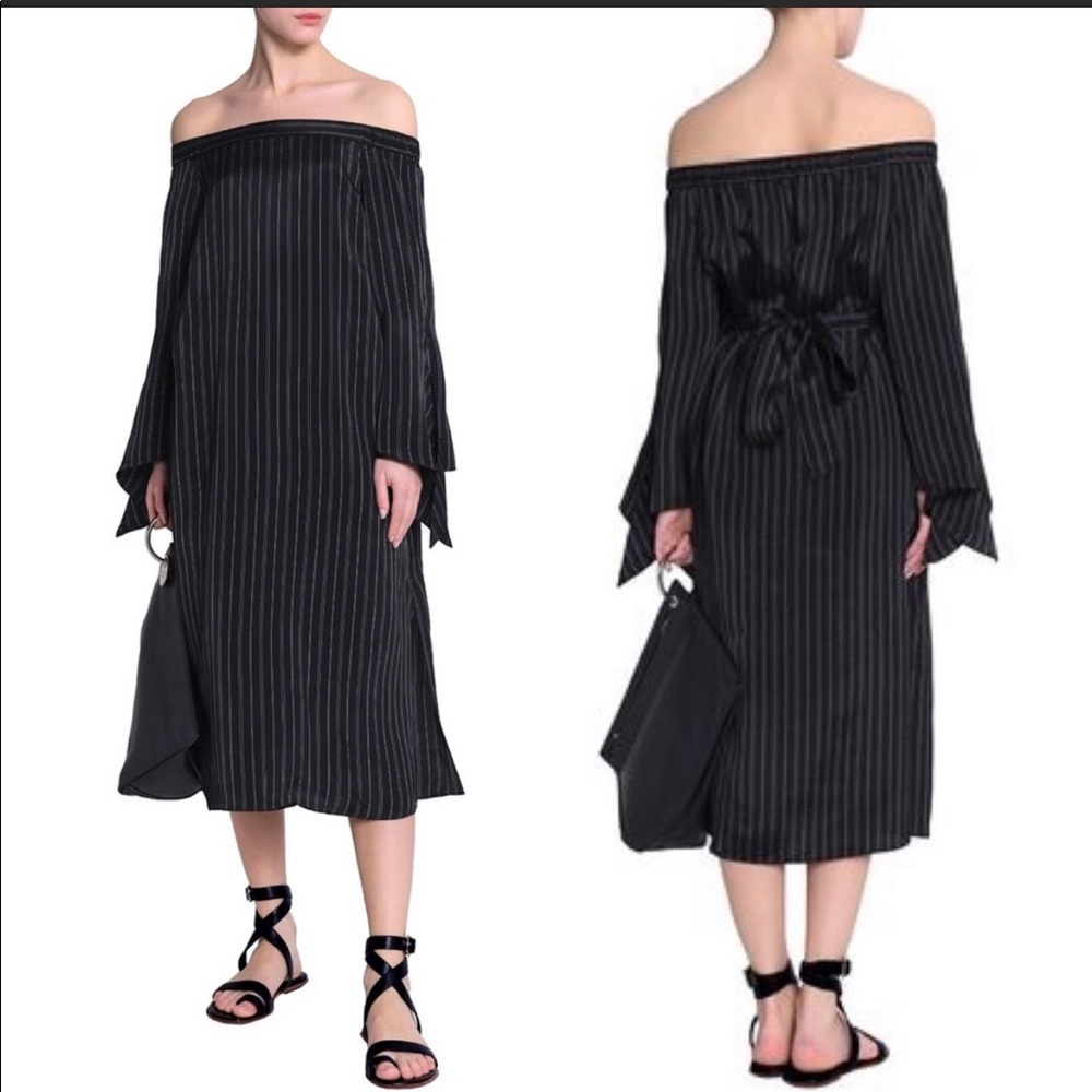 NEW Tibi Pinstripes Off the Shoulder Midi Dress